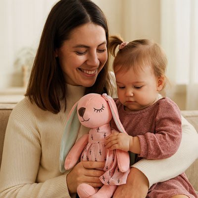 fillette joue avec son doudou lapin dans les bras de sa maman qui affiche un grand sourire.