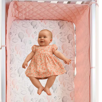 Une fillette repose dans son lit enveloppé par un tour de lit bébé fille matelasse rose un cocon magique