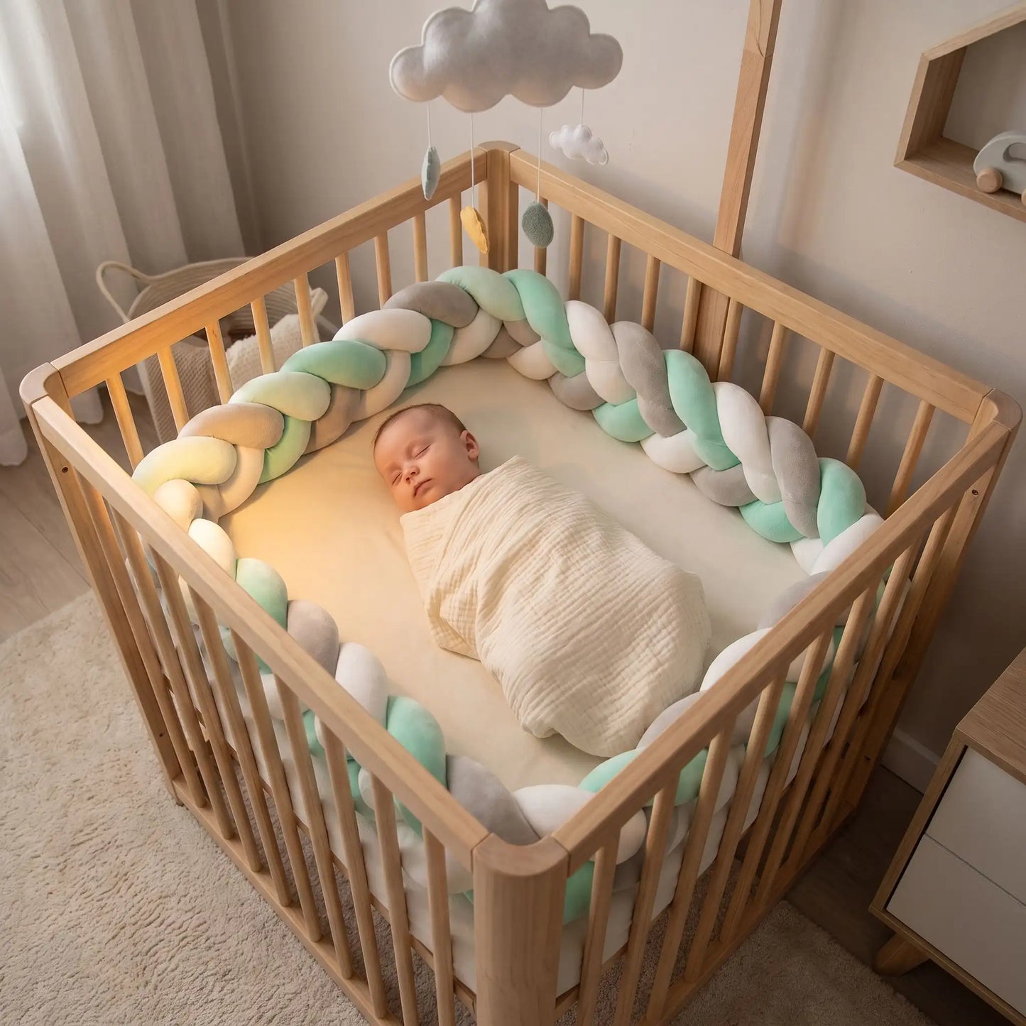 tresse de Lit Bébé - CozyKnot™ - Vert Blanc