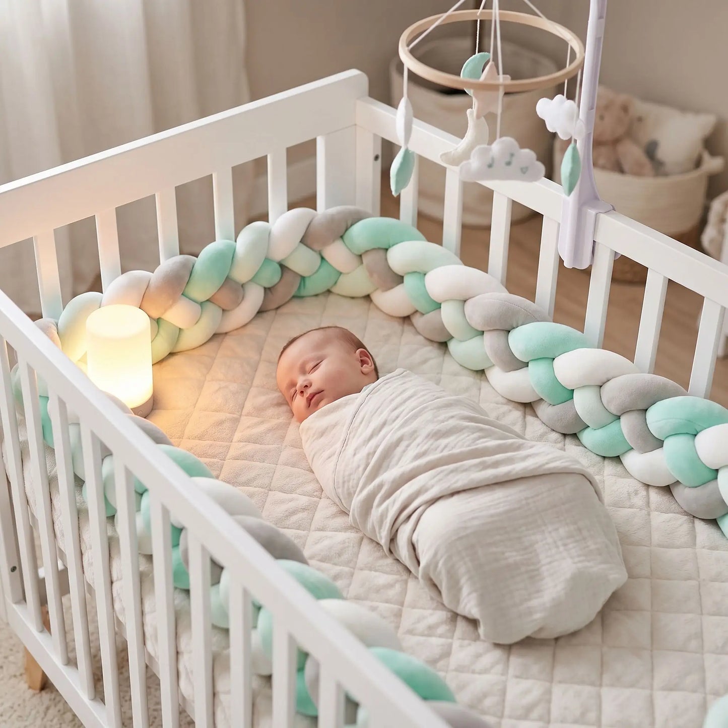 tresse de Lit Bébé - CozyKnot™ - Vert Blanc