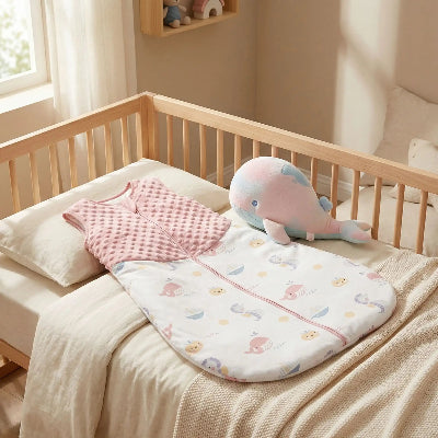 Une gigoteuse bebe hiver rose et blanche au motif Monde sous-marin  est déposée sur le lit, avec un doudou baleine