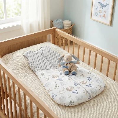 gigoteuse hiver bebe à motif coquillages et étoiles de mer, posée sur un lit, accompagnée d’un doudou lapin