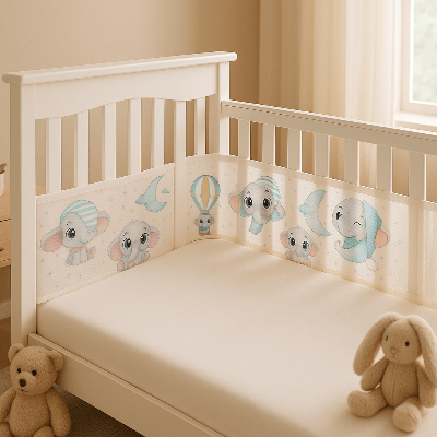 Un lit bébé entouré d’un tour de lit respirant décoré d’adorables éléphants dessinés.