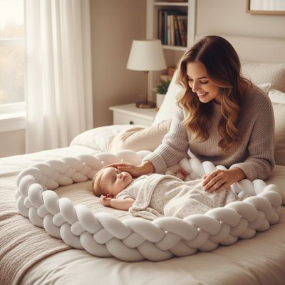 Une maman assise dans son lit berce son bébé endormi, entouré d’un tour de lit tressé.