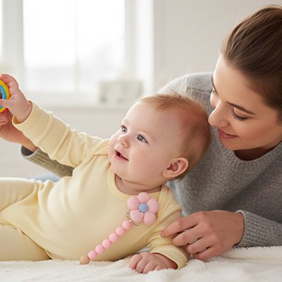 Une maman et son bébé allongés sur un lit, le bébé avec un attaché tetine rose poudré