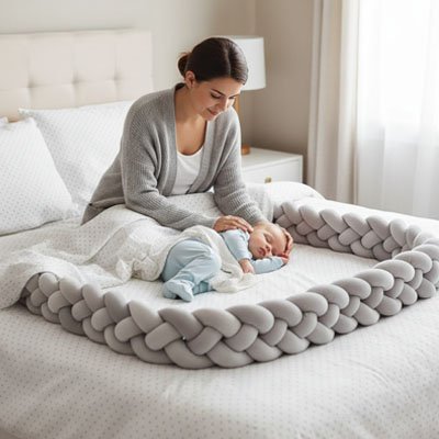Une maman berce son enfant dans son lit, entouré d’un tour de lit tressé gris