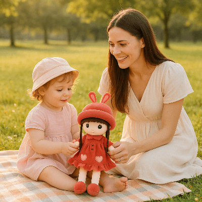 maman et sa fille dans le parc assissent sur une couverture, doudou bébé dans les mains