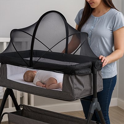 maman regarde son enfant dort paisiblement dans le lit moustiquaire lit bébé