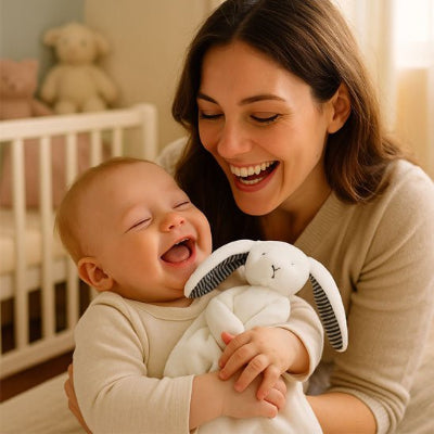 maman rit avec son bébé, qui serre son doudou lapin dans les bras