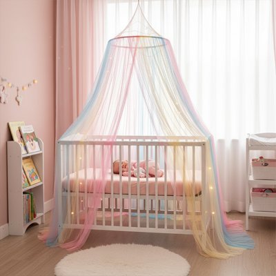 Une moustiquaire ciel de lit bébé multicolore, est suspendue au-dessus du lit, où le bébé dort paisiblement.