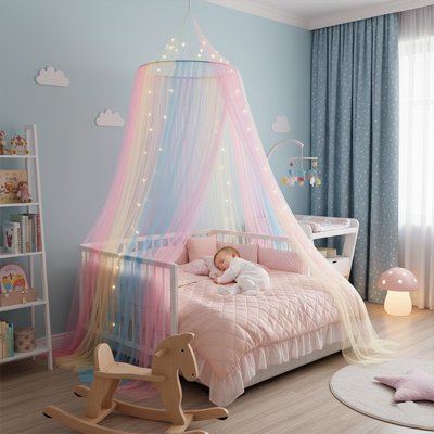 Une moustiquaire ciel de lit bébé multicolore est suspendue au-dessus du lit, offrant un voile de douceur au bébé qui dort paisiblement.