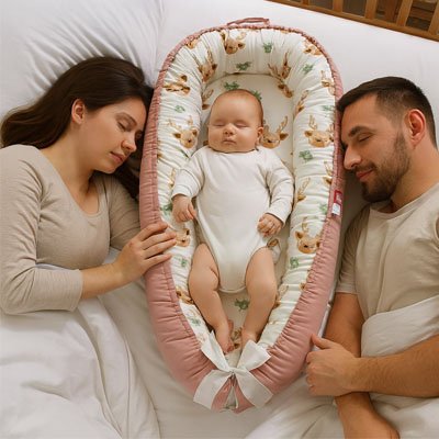 les parents dorment avec leur bébé qui dort dans son réducteur de lit bébé au milieu du lit