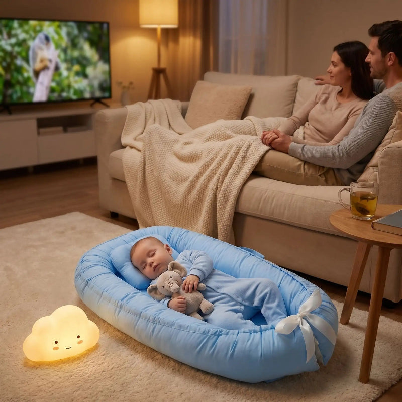 Les parents regardent la télé sur le canapé pendant que leur bébé endormi serre son doudou dans son reducteur de lit bebe SlaapNestje™ bleu, déposé sur le tapis sous la lumière de sa veilleuse en forme de nuage