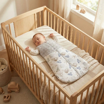 Un petit bébé dort paisiblement sur un lit, bien au chaud dans une gigoteuse hiver bebe parsemée coquillage et étoile de mer 