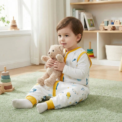 Un petit enfant, assis sur le tapis, porte une gigoteuse à pieds blanche au thème Rêve d’aviation