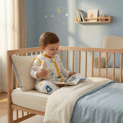 Un petit enfant est assis sur son lit, lisant un livre, dans une gigoteuse à pieds blanche au thème  Rêve d’aviation