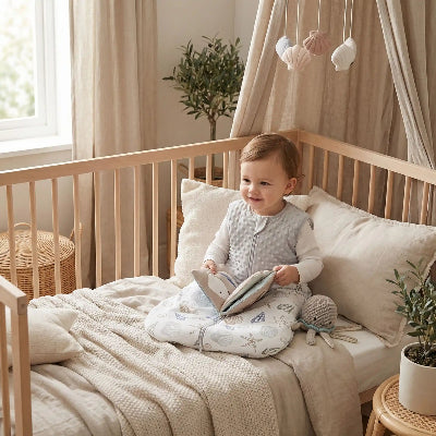Un petit enfant est assis sur son lit, lisant un livre, dans une gigoteuse hiver bebe à motif coquillages et étoiles de mer