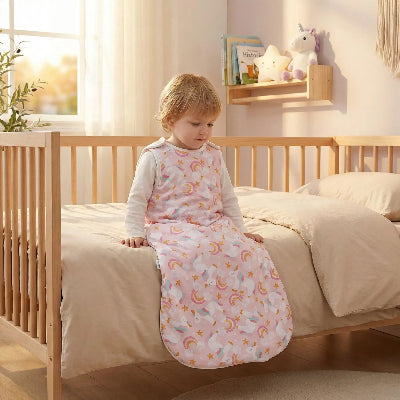 Une petite fille est assise sur le lit,  bien au chaud dans une gigoteuse bebe hiver rose avec des licornes et des arcs-en-ciel.