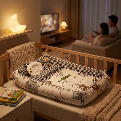 le réducteur de lit pour bébé InfantSleep™ au design savane, déposé dans le lit de bébé