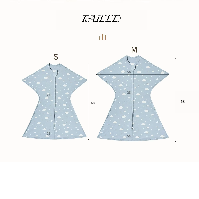 tailles de la turbulette gigoteuse bleue parsemée de nuages et d’étoiles.