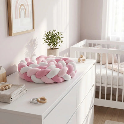  tresse tour de lit rose et blanc rosea est enroulée sur elle-même et déposée sur une commode blanche dans la chambre du bébé