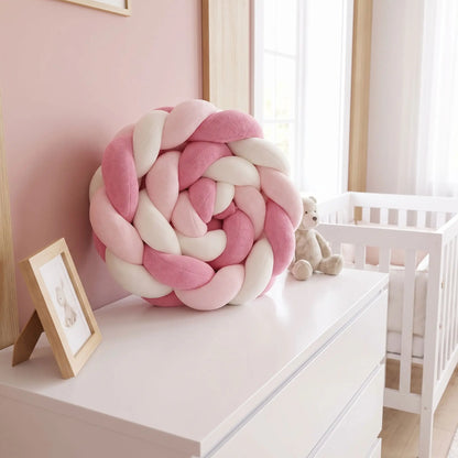  tresse tour de lit rose et blanc rosea est enroulée sur elle-même et déposée sur une commode blanche