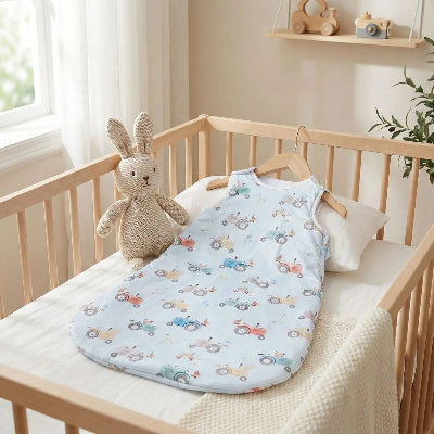 Une turbulette hiver bleu ciel à motifs de tracteurs et d’animaux colorés est posée sur le lit avec un doudou lapin